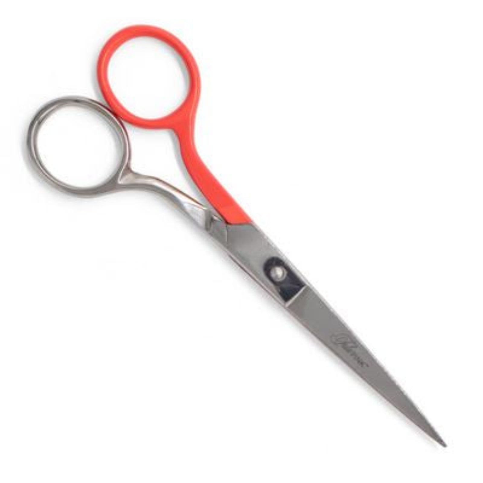 A pair of shears with silver stainless steel blades and bright red plastic finger loops, shown on a plain white background.
