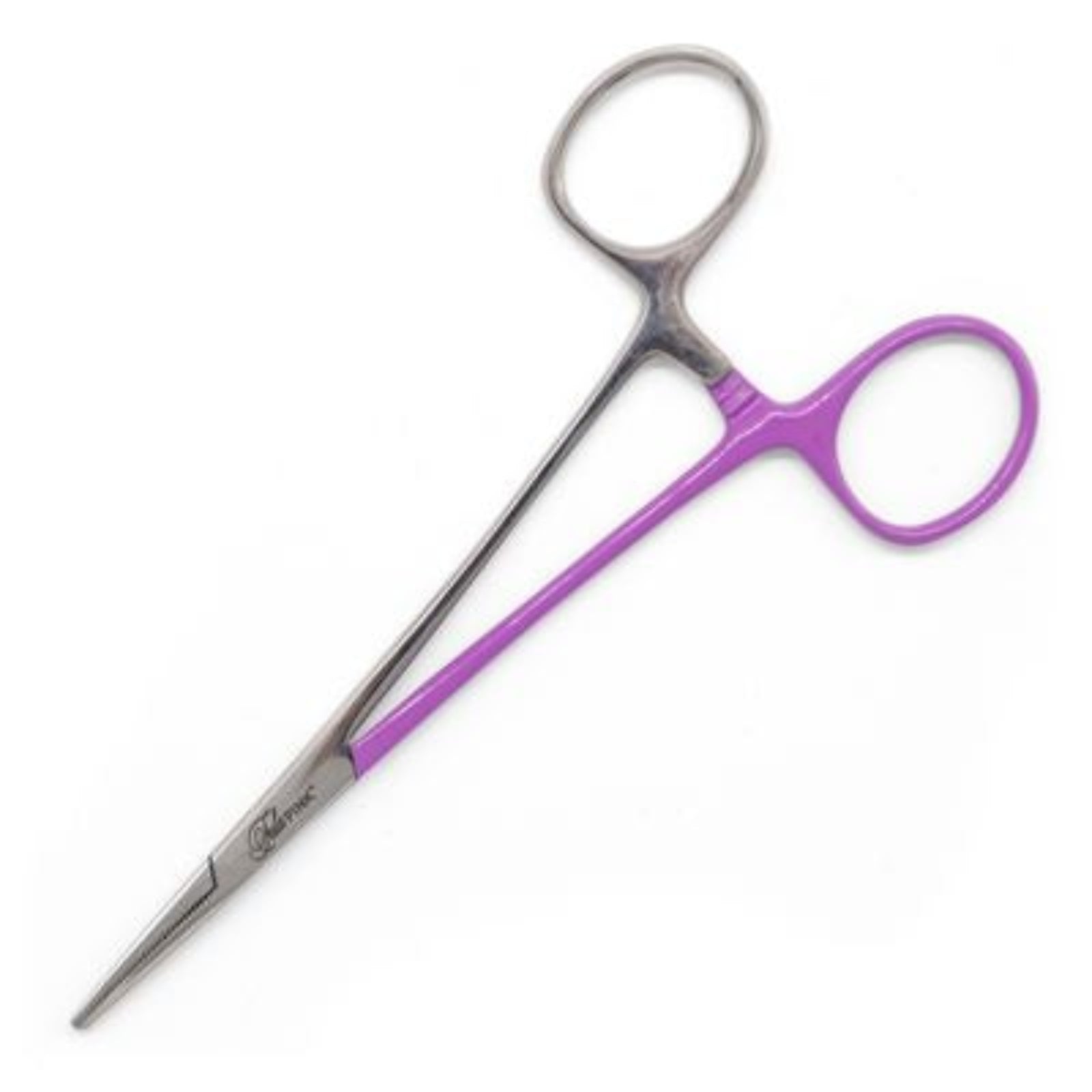 A pair of stainless steel forceps with purple handles, shown on a plain white background.