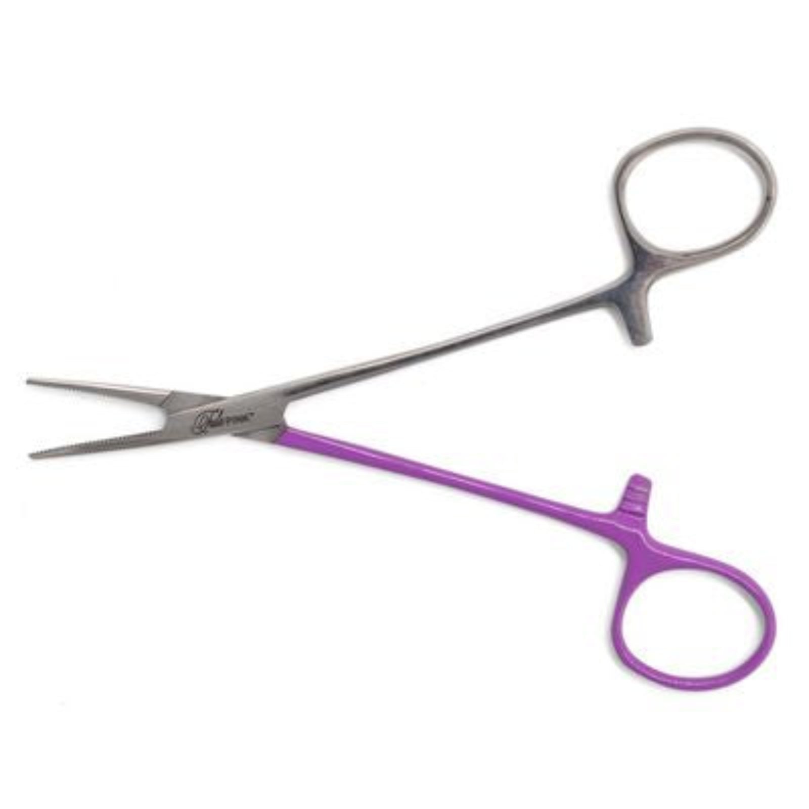 A pair of hemostats with stainless steel blades and handles, featuring a purple ring handle and a silver metal ring handle.