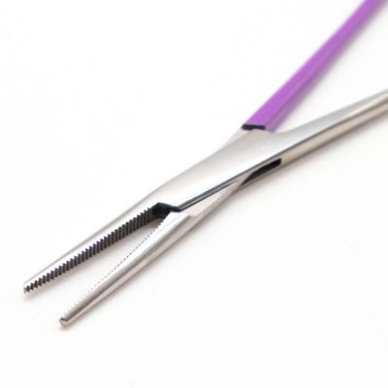 Silver metal hemostat with a purple handle, shown on a plain white background.