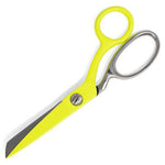 Bright yellow scissors with silver metal blades and a silver screw fastener, shown on a plain white background.