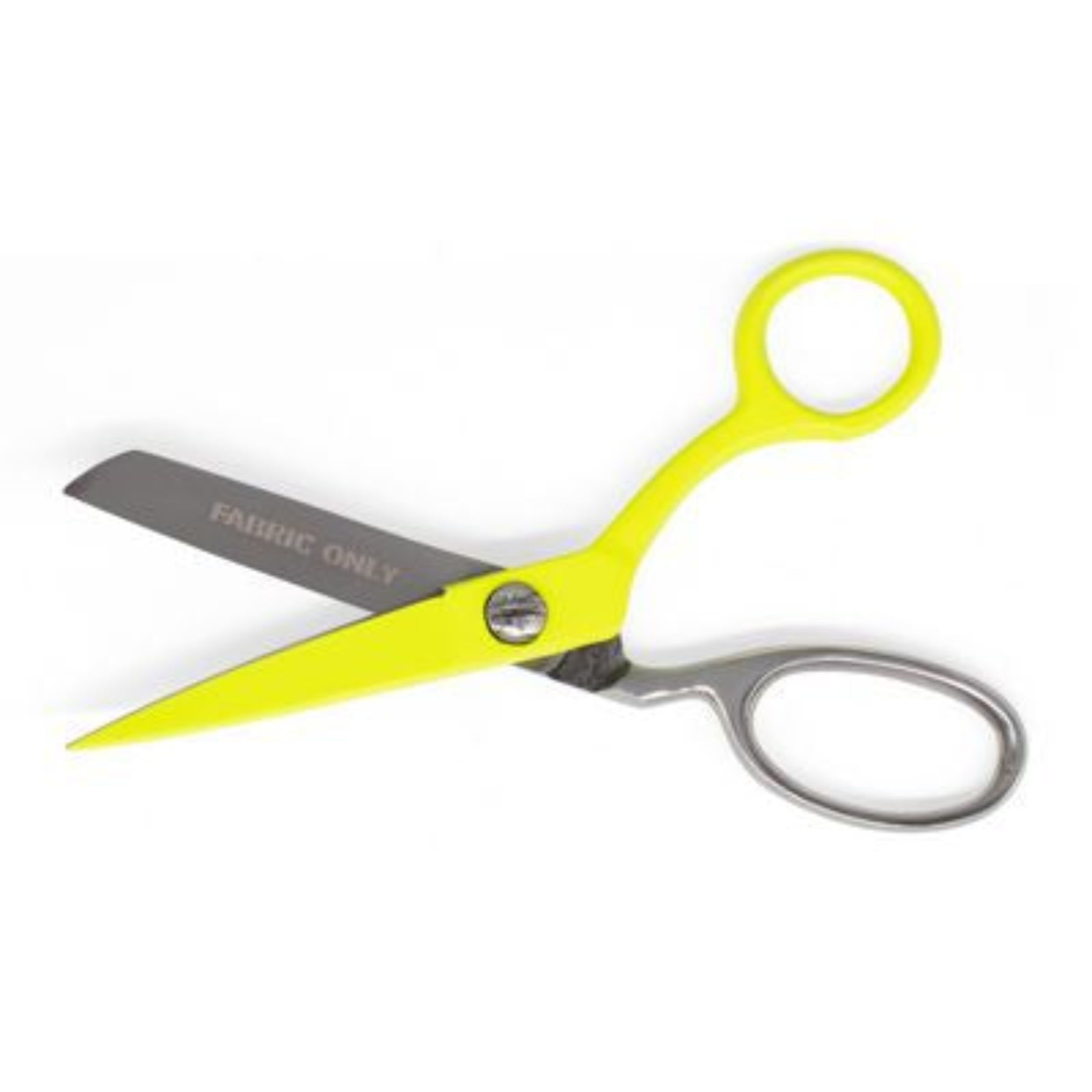Bright yellow fabric shears with silver metal blades and handles, featuring the text 'FABRIC ONLY' on the blade, set against a plain white background.