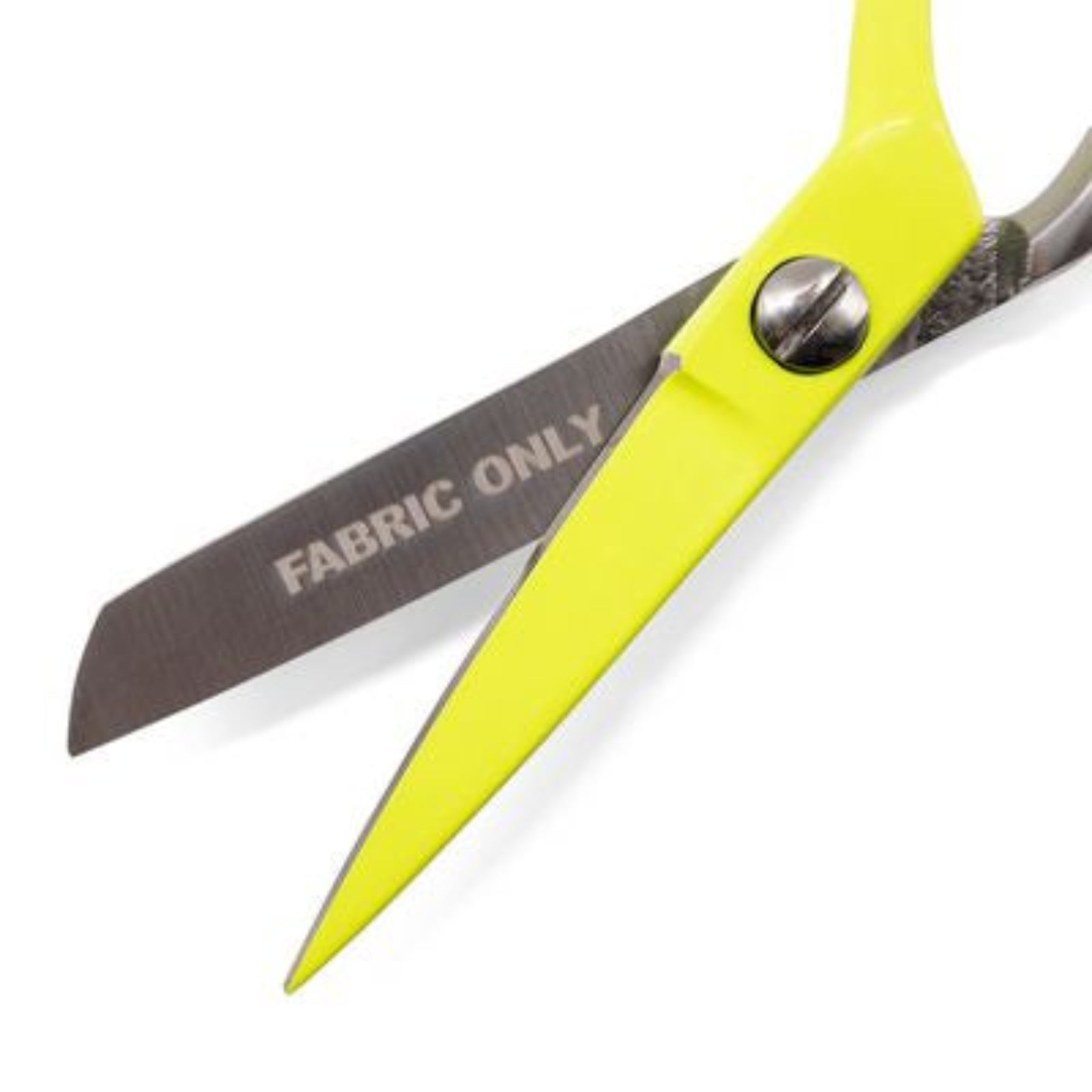Bright yellow fabric shears with silver metal blades, one blade printed with the words 'FABRIC ONLY', shown on a clean white background.