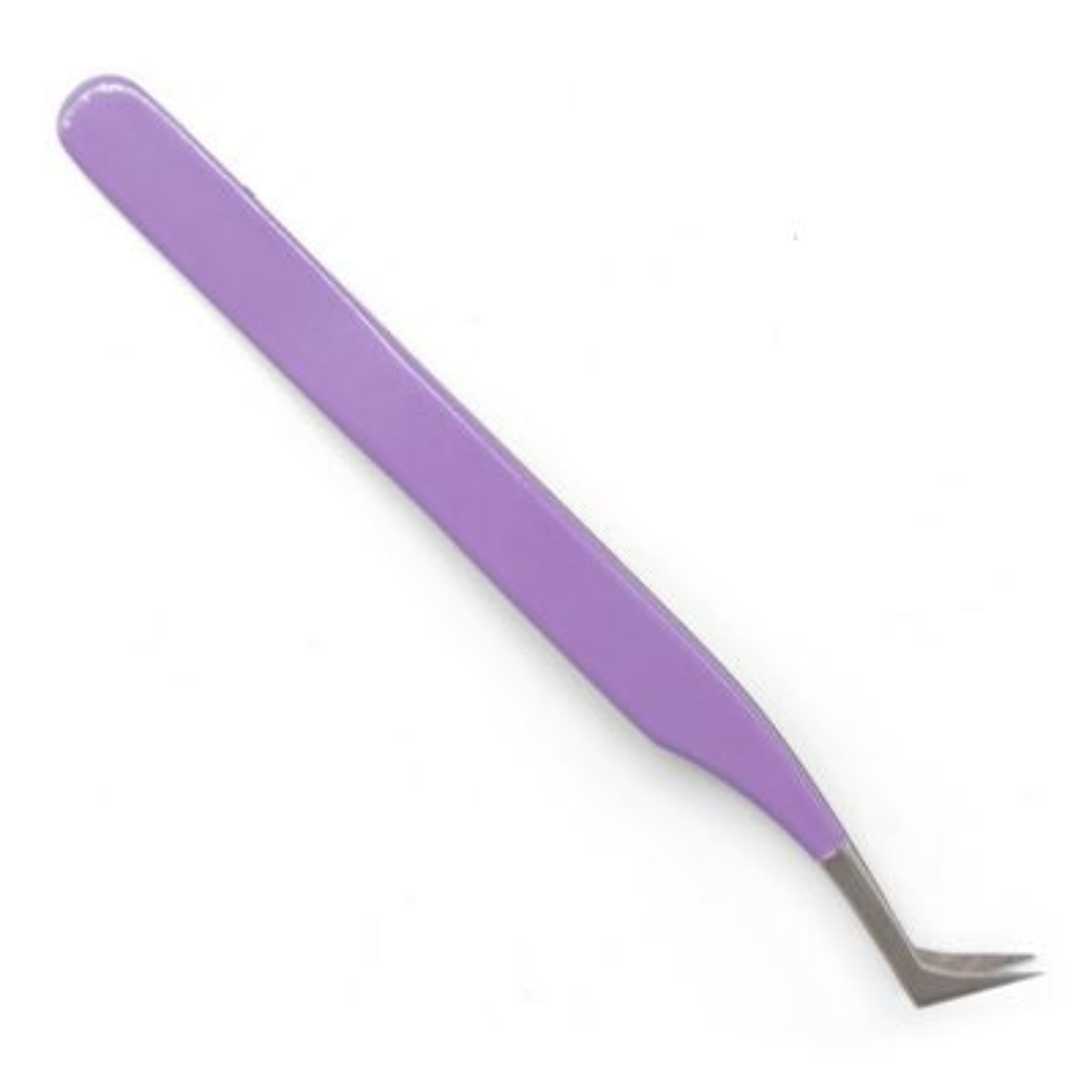 A single pair of angled precision tweezers with a glossy lavender purple handle and silver metal tips, shown diagonally on a plain white background.
