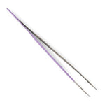 A pair of long, thin tweezers with a light purple handle and silver metal tips, shown diagonally on a plain white background.