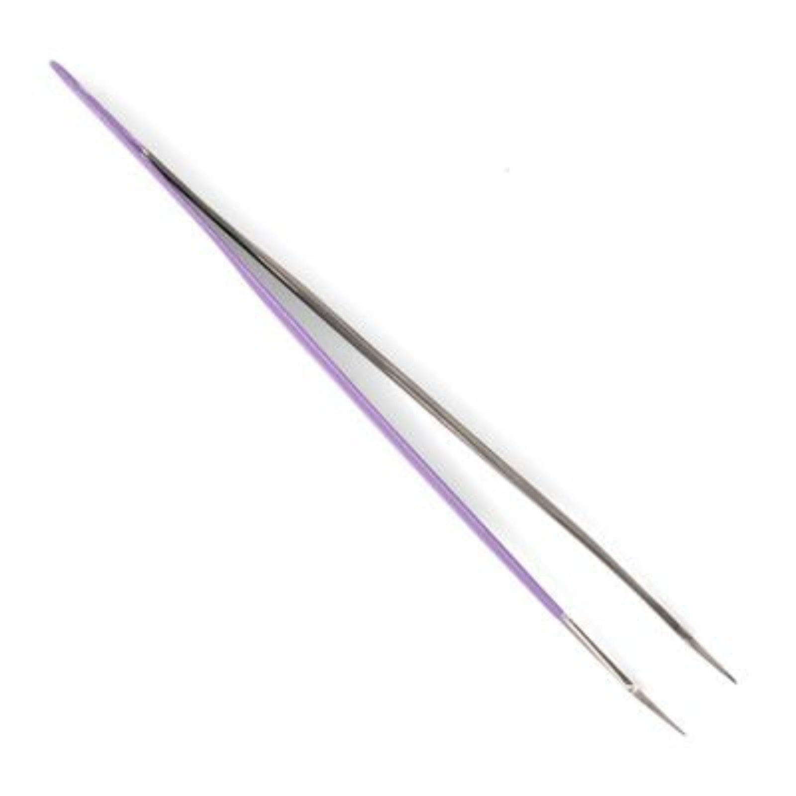 A pair of long, thin tweezers with a light purple handle and silver metal tips, shown diagonally on a plain white background.