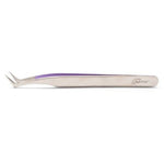 A pair of stainless steel precision tweezers with a purple accent layer along the inner side of the handles, featuring the 'Tula PINK' brand logo on the right handle, set against a plain white background.