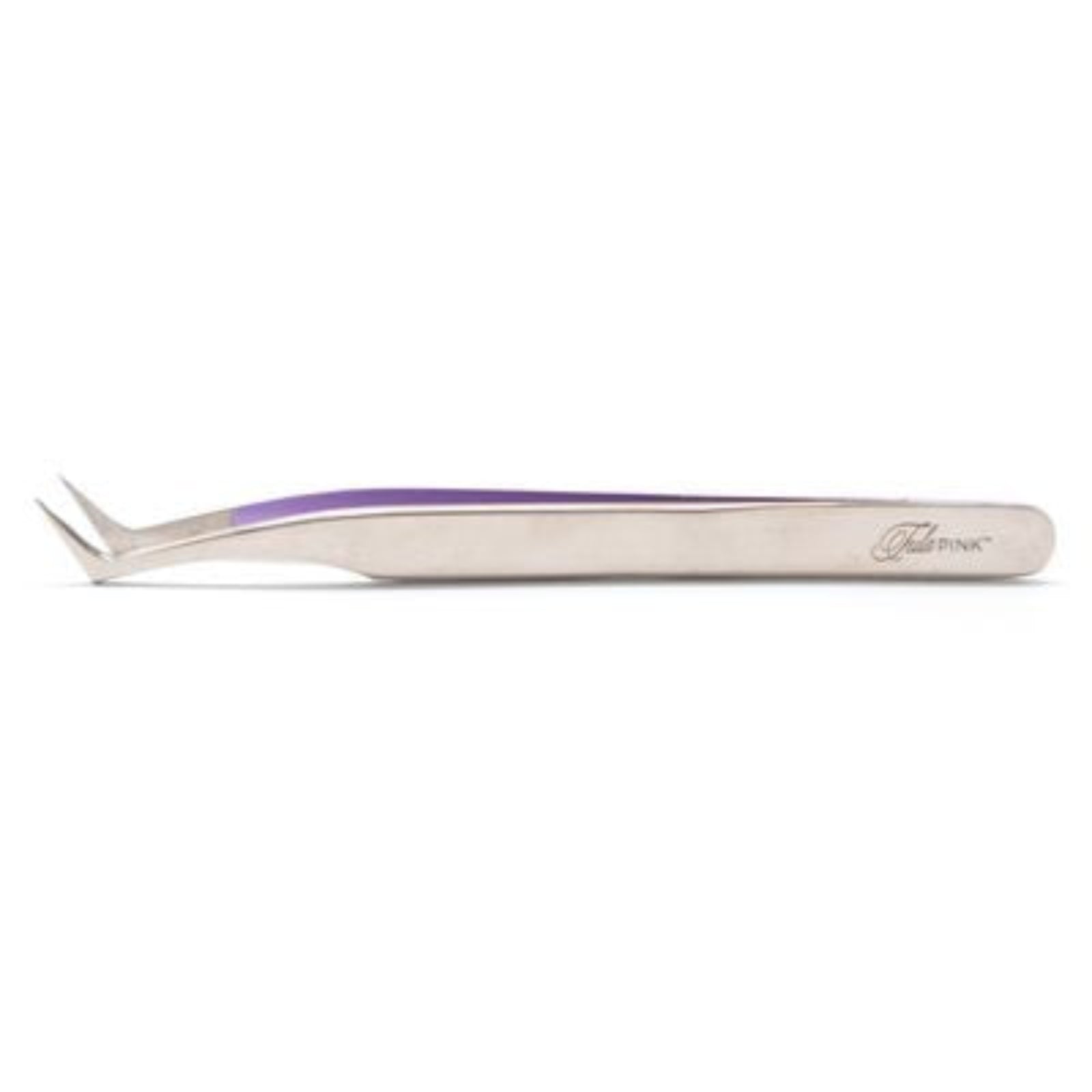 A pair of stainless steel precision tweezers with a purple accent layer along the inner side of the handles, featuring the 'Tula PINK' brand logo on the right handle, set against a plain white background.
