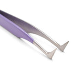 Purple-handled metal tweezers with stainless steel tips, shown on a clean white background.