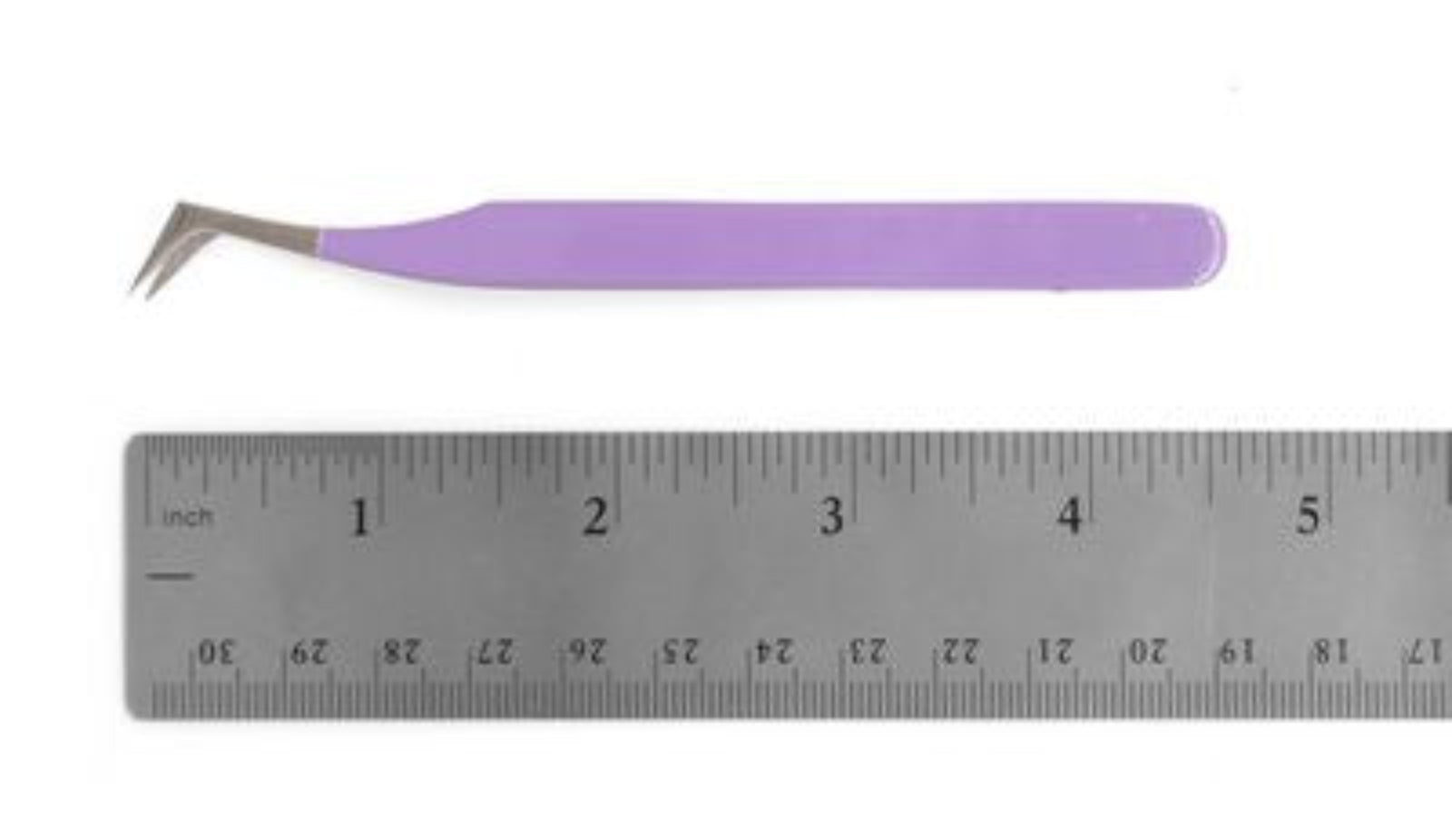A pair of purple-handled angled tweezers shown above a metal ruler for scale on a white background.