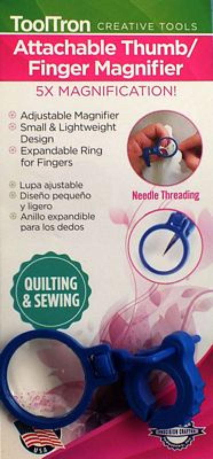 ToolTron Attachable Thumb/Finger Magnifier in its retail packaging, featuring a blue magnifying ring and a blue adjustable clamp on a pink and white background.