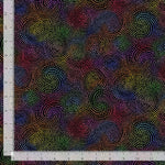 A close-up of patterned fabric with a dense dot design in many colors, including yellow, green, blue, purple, red, and orange, arranged in swirling circular motifs on a dark background. A white ruler is visible along the left and bottom edges for scale.