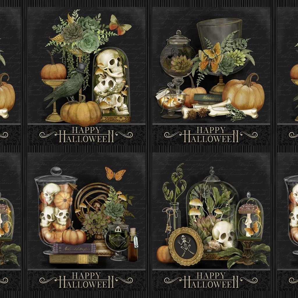 Halloween-themed design with skulls, pumpkins, and other elements on a black background.