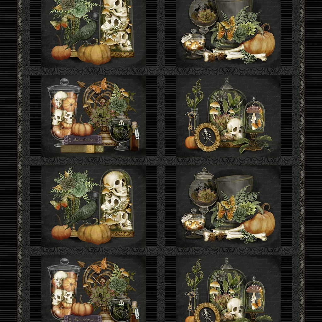 Decorative collage with Halloween-themed elements including skulls, pumpkins, and plants on a dark background.