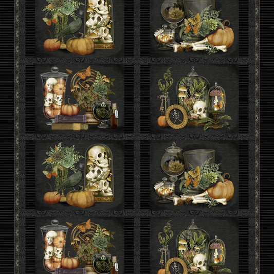 Decorative collage with Halloween-themed elements including skulls, pumpkins, and plants on a dark background.