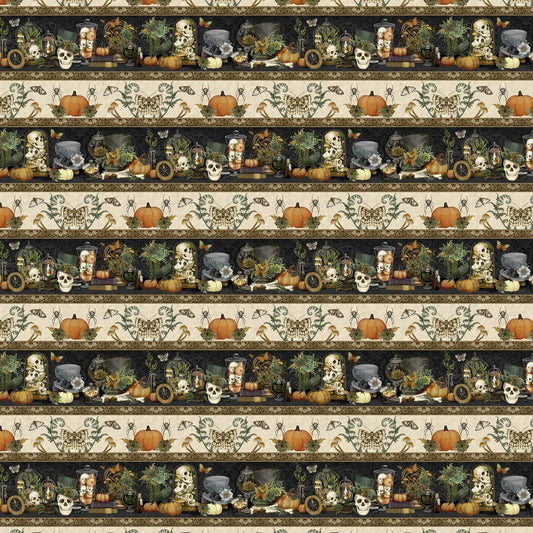 Halloween-themed border print with pumpkins, ghosts, and other decorations on a striped background.