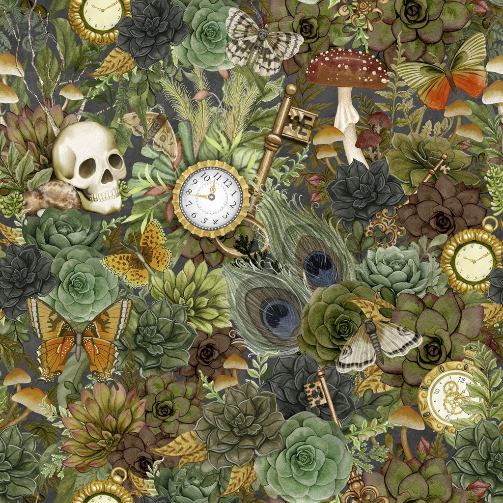 Nature-themed pattern with plants, skulls, clocks, and keys on a dark background