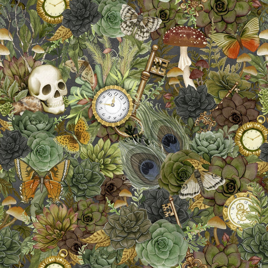 Nature-themed pattern with plants, skulls, clocks, and keys on a dark background