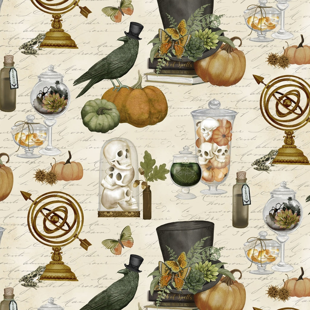 Halloween-themed pattern with pumpkins, skulls, and other decorations on a beige background.
