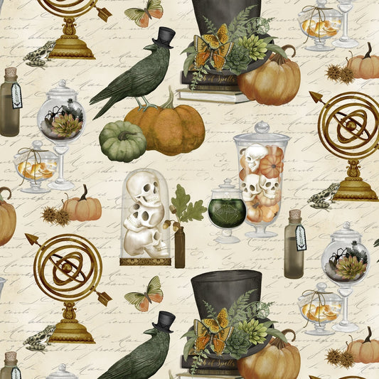 Halloween-themed pattern with pumpkins, skulls, and other decorations on a beige background.
