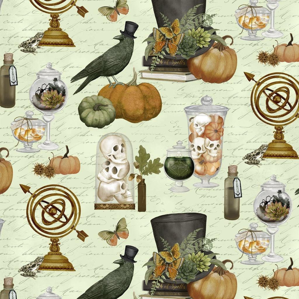 Halloween-themed fabric with pumpkins, skulls, and other decorations on a light green background.