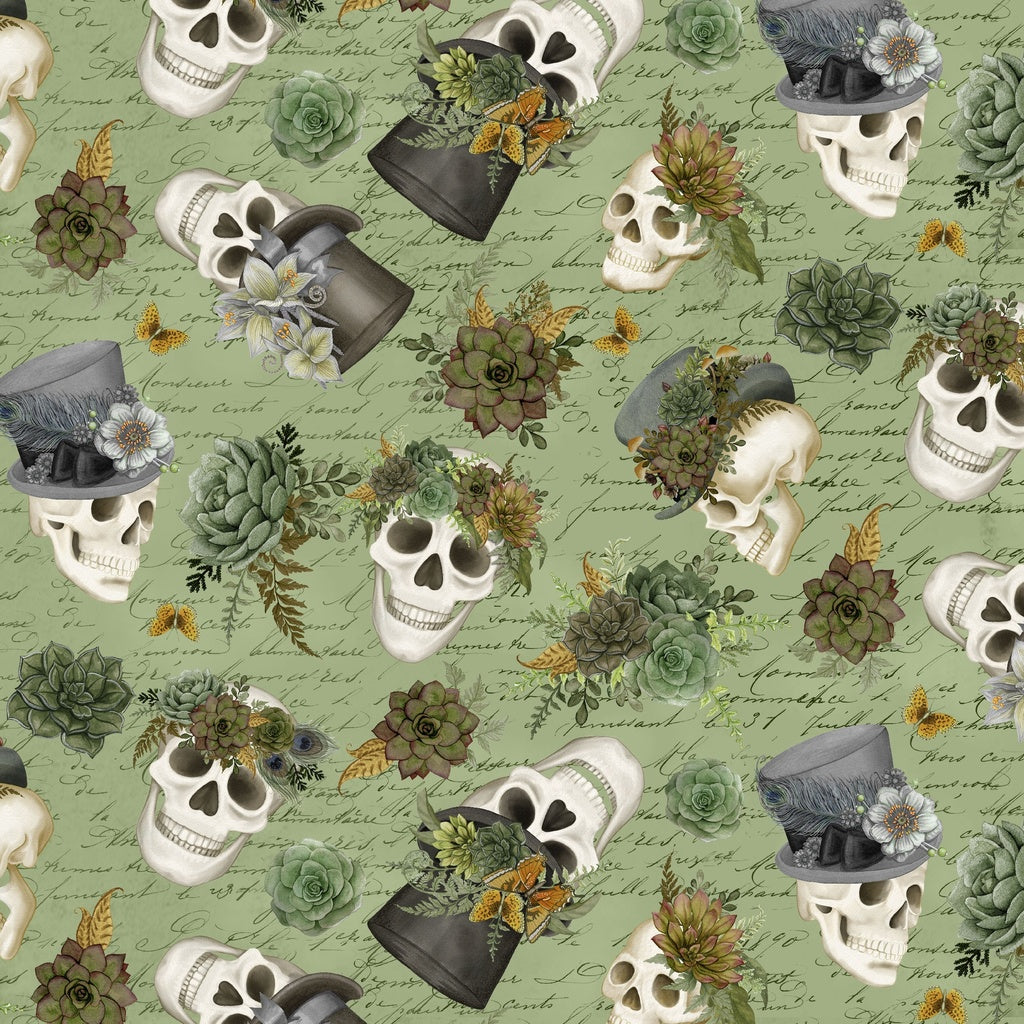 Pattern of skulls, hats, and succulents on a green background