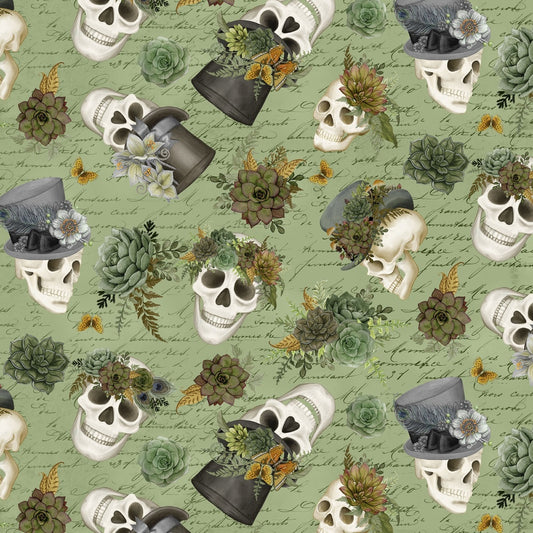 Pattern of skulls, hats, and succulents on a green background