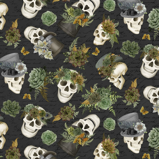 Pattern of skulls, succulents, and flowers on a dark background
