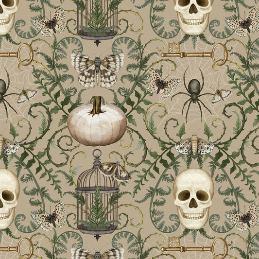 Vintage-style fabric with skulls, pumpkins, and other Halloween-themed elements on a beige background.