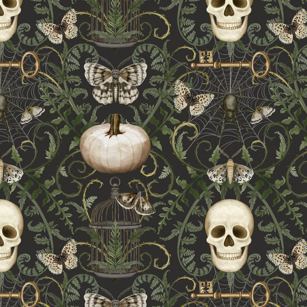 Decorative pattern with skulls, pumpkins, keys, and moths on a dark background