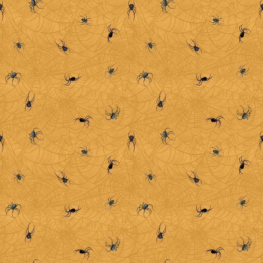 Pattern of black spiders on a yellow background with spider webs.