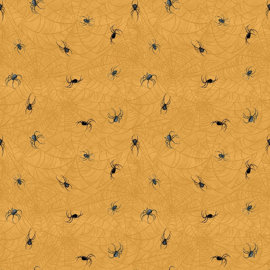 Pattern of black spiders on a yellow background with spider webs.