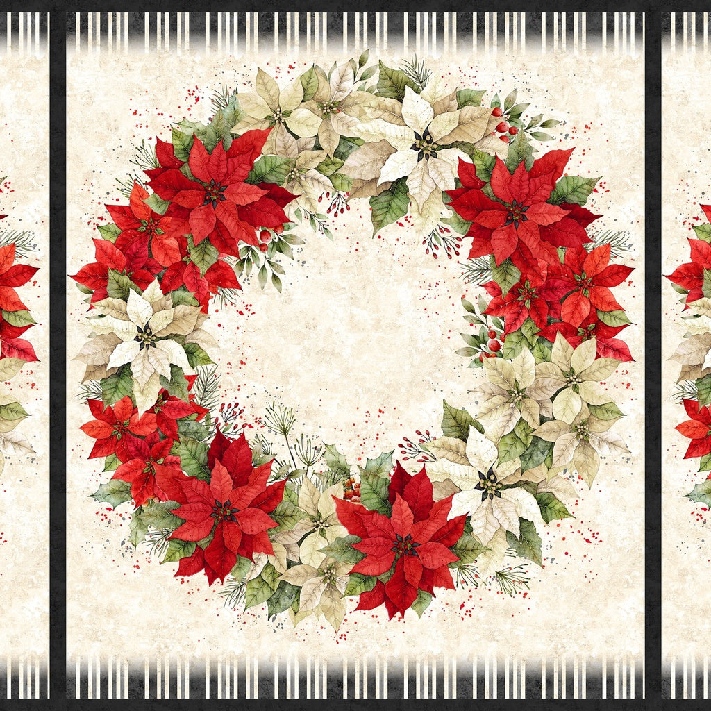 Wreath of poinsettias in red and white on a cream background