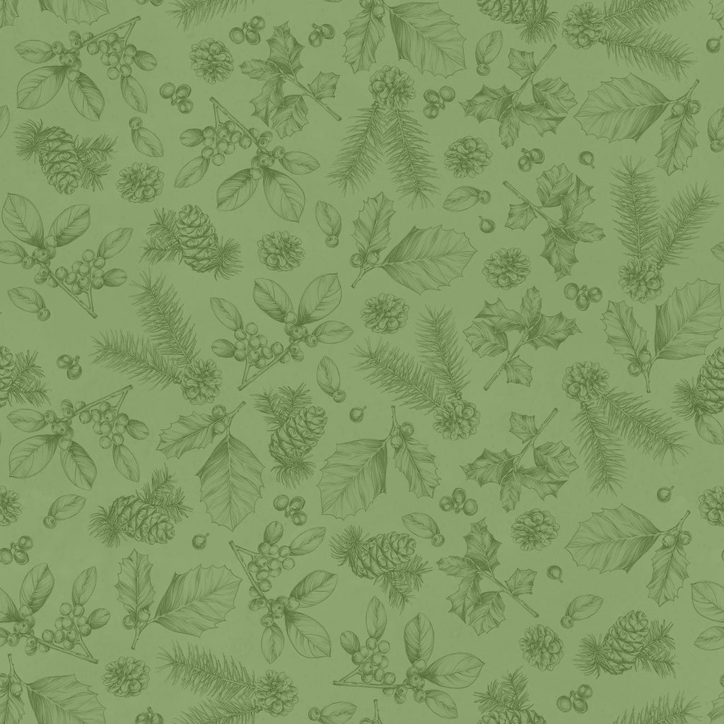 A repeating pattern of muted green botanical line drawings, including pine branches, holly leaves and berries, acorns, and pinecones on a sage green background.