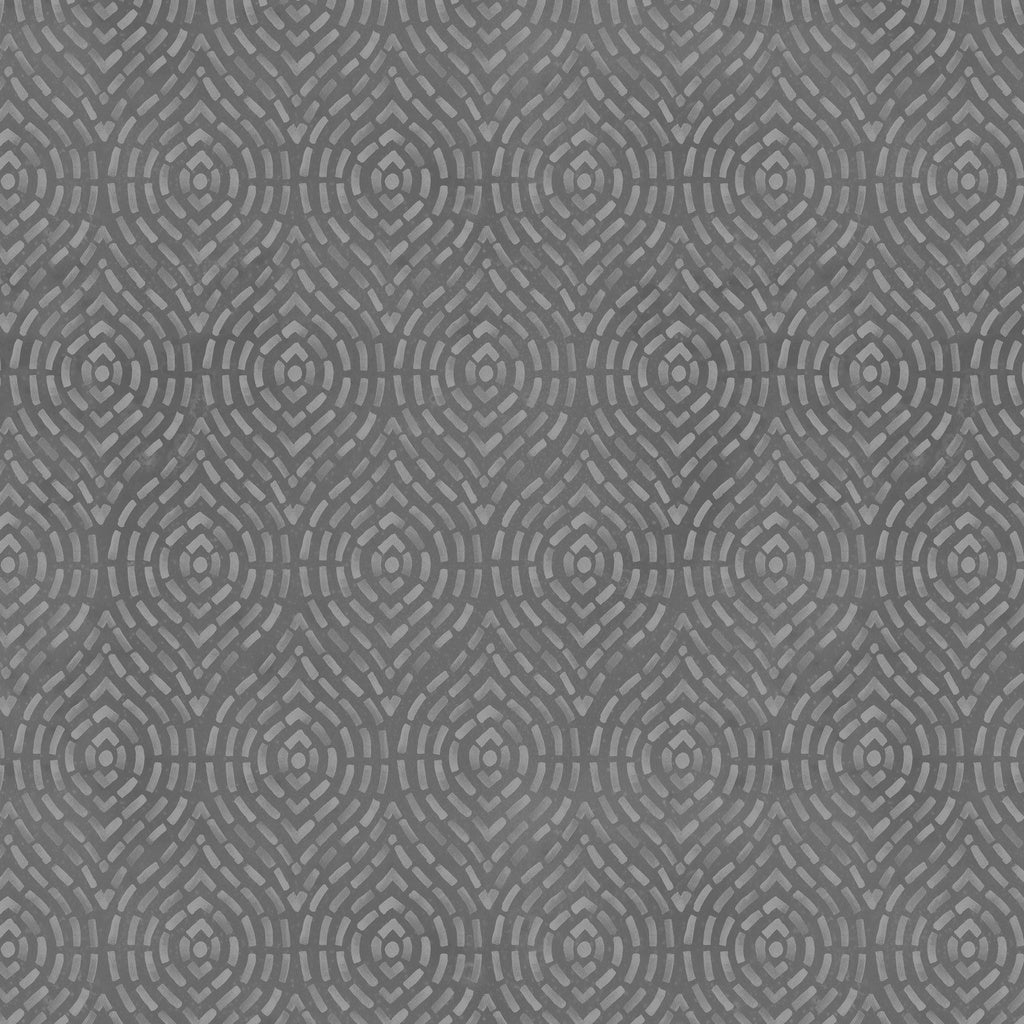 A close-up of a gray patterned surface with a repeating geometric design made of lighter and darker gray curved and dotted lines.