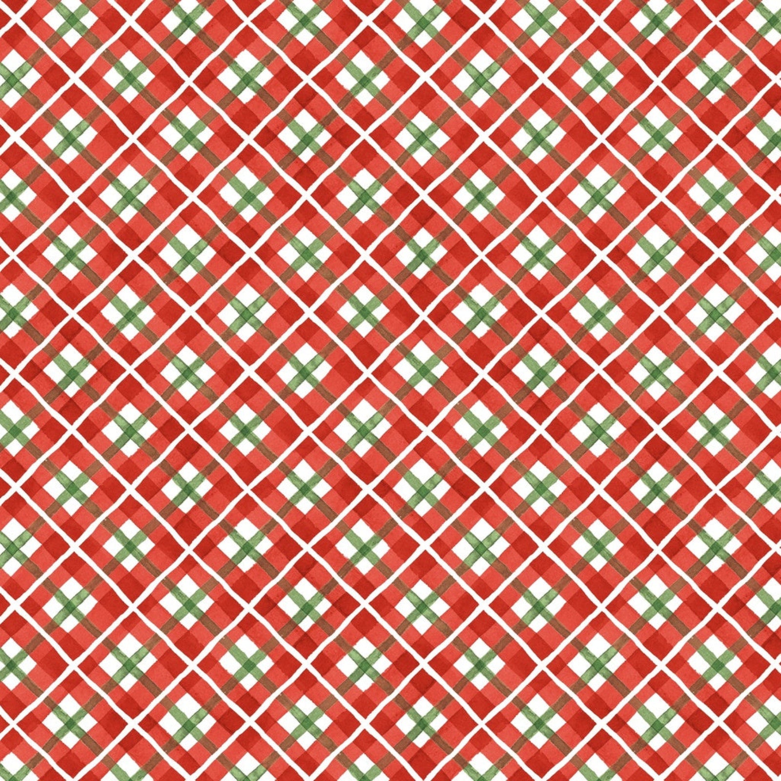 A repeating holiday pattern featuring red watercolor plaid diamonds outlined in white, with small green crosses in the center of each diamond.