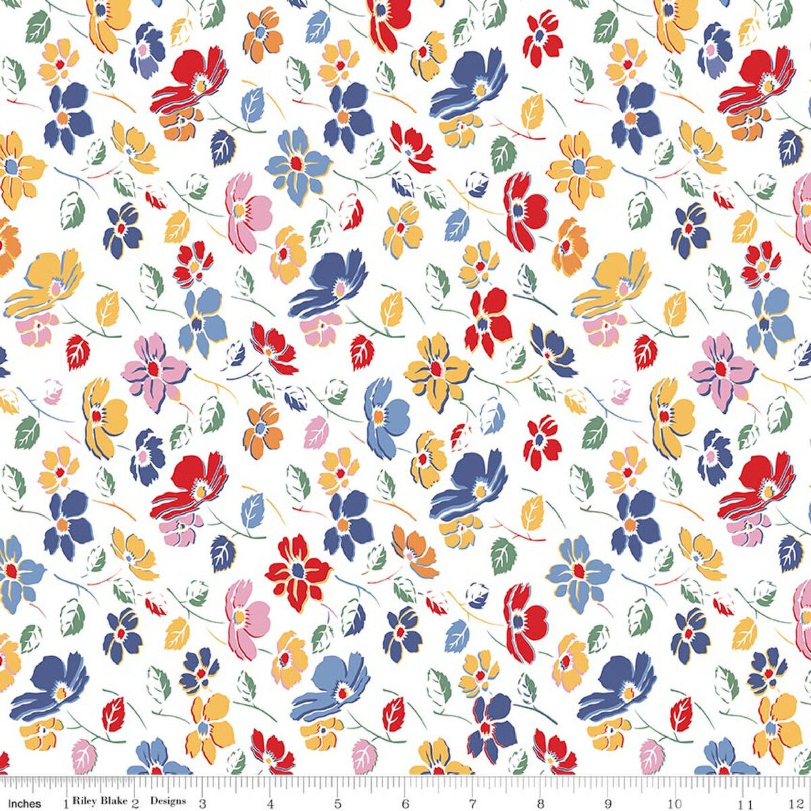 Colorful floral pattern on a white background with a fabric yardstick at the bottom.