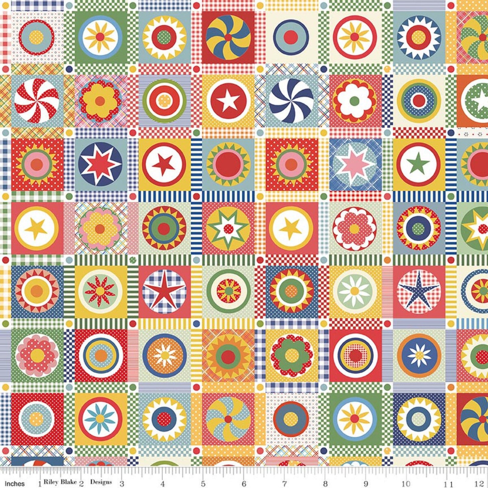 Colorful quilt pattern with geometric shapes on a fabric swatch.