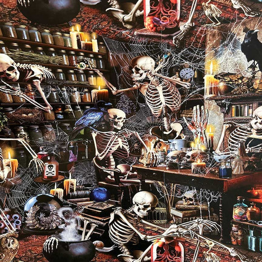 Halloween-themed room with skeletons, candles, and potion bottles.