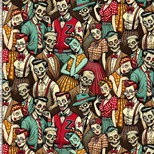 Pattern of skeletons and zombies in vintage clothing on a brown background