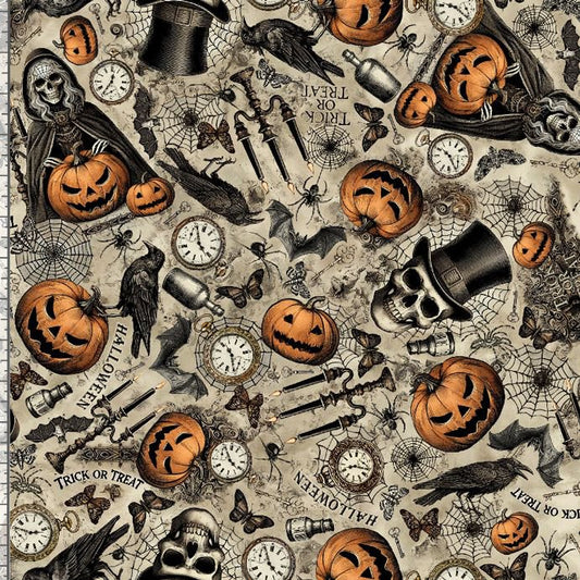 Halloween-themed fabric with pumpkins, skeletons, and other elements on a beige background