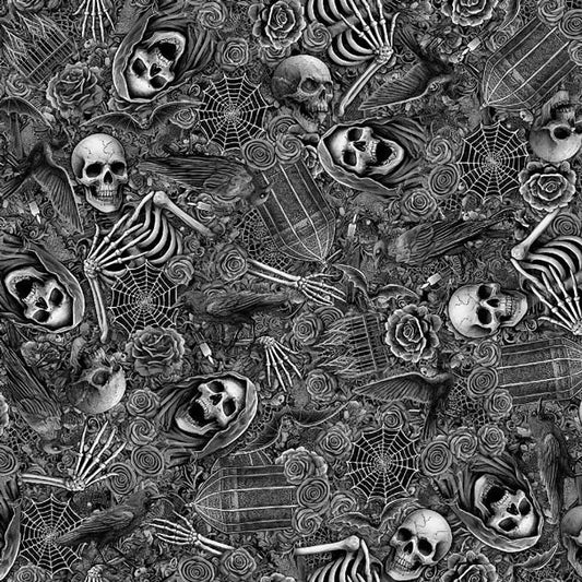 Black and white pattern of skeletons, skulls, and roses on a textured background