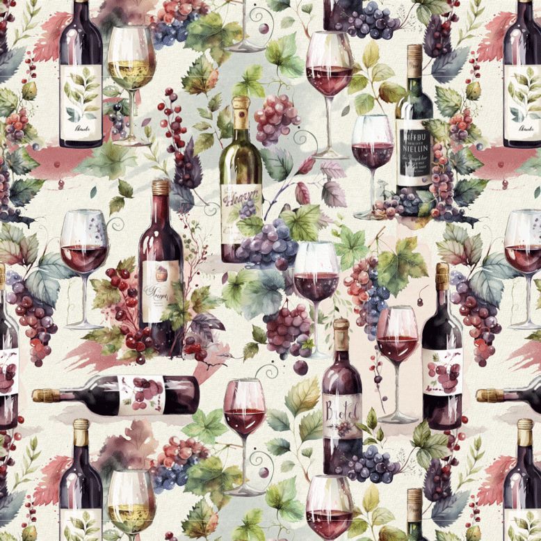 Wine-themed pattern with bottles, glasses, and grapes on a light background