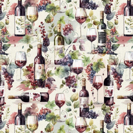 Wine-themed pattern with bottles, glasses, and grapes on a light background
