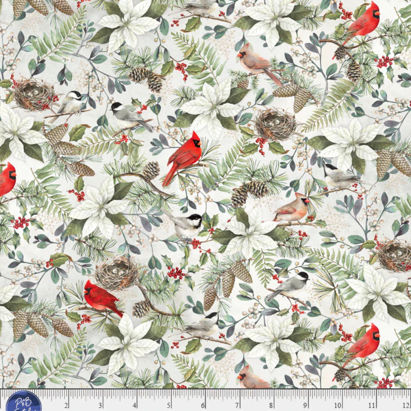 Festive fabric pattern with red cardinals, white poinsettias, and greenery on a white background.