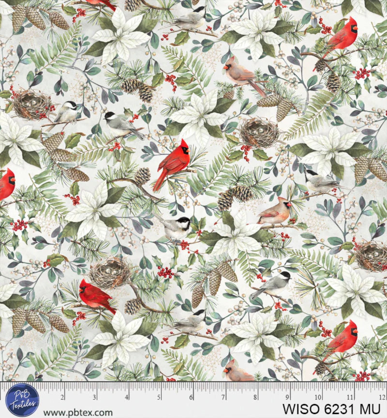 Festive fabric pattern with red cardinals, white poinsettias, and greenery on a white background.