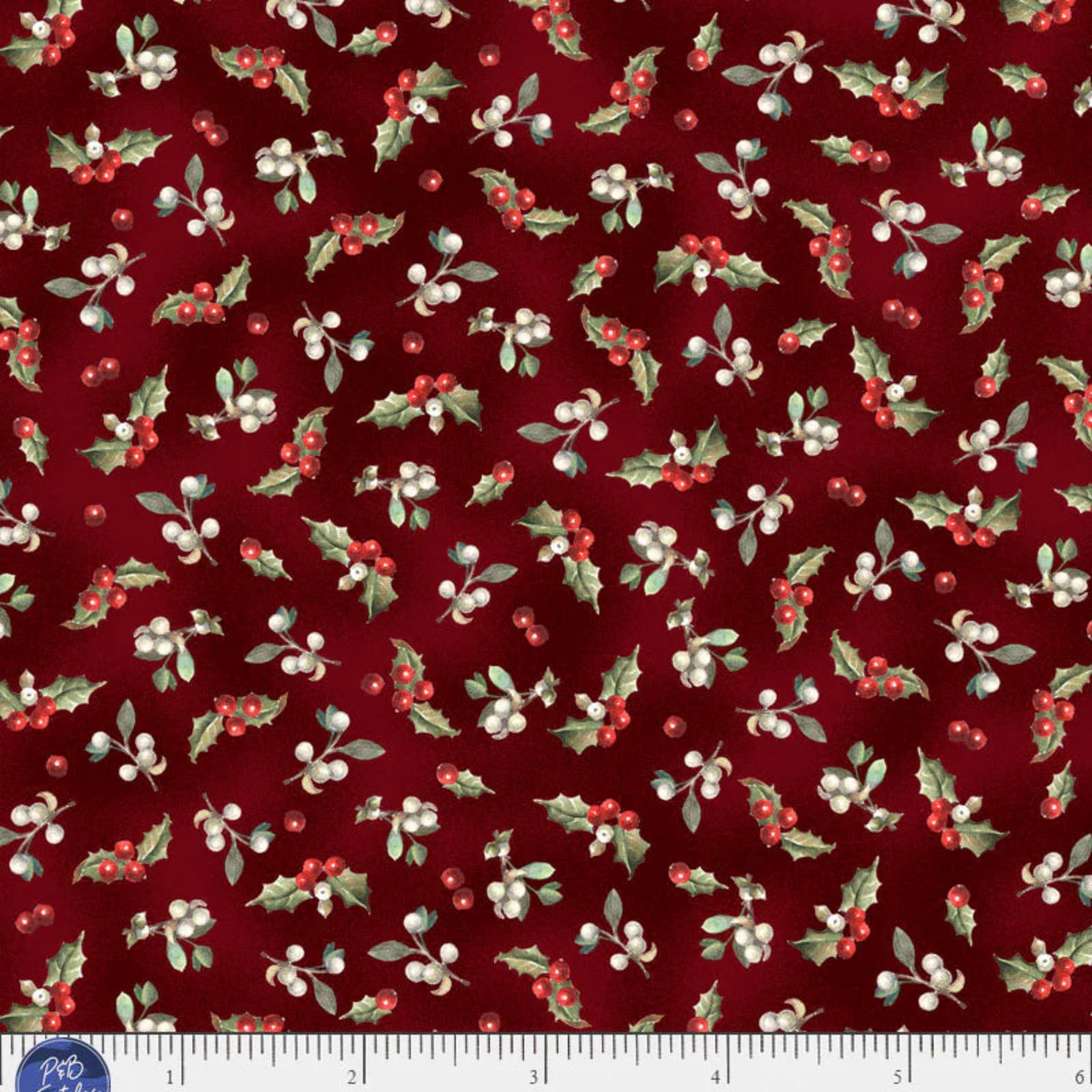 A close-up of a repeating holiday pattern on a deep red fabric background, featuring white berries, green leaves, and small pale blue accents. 