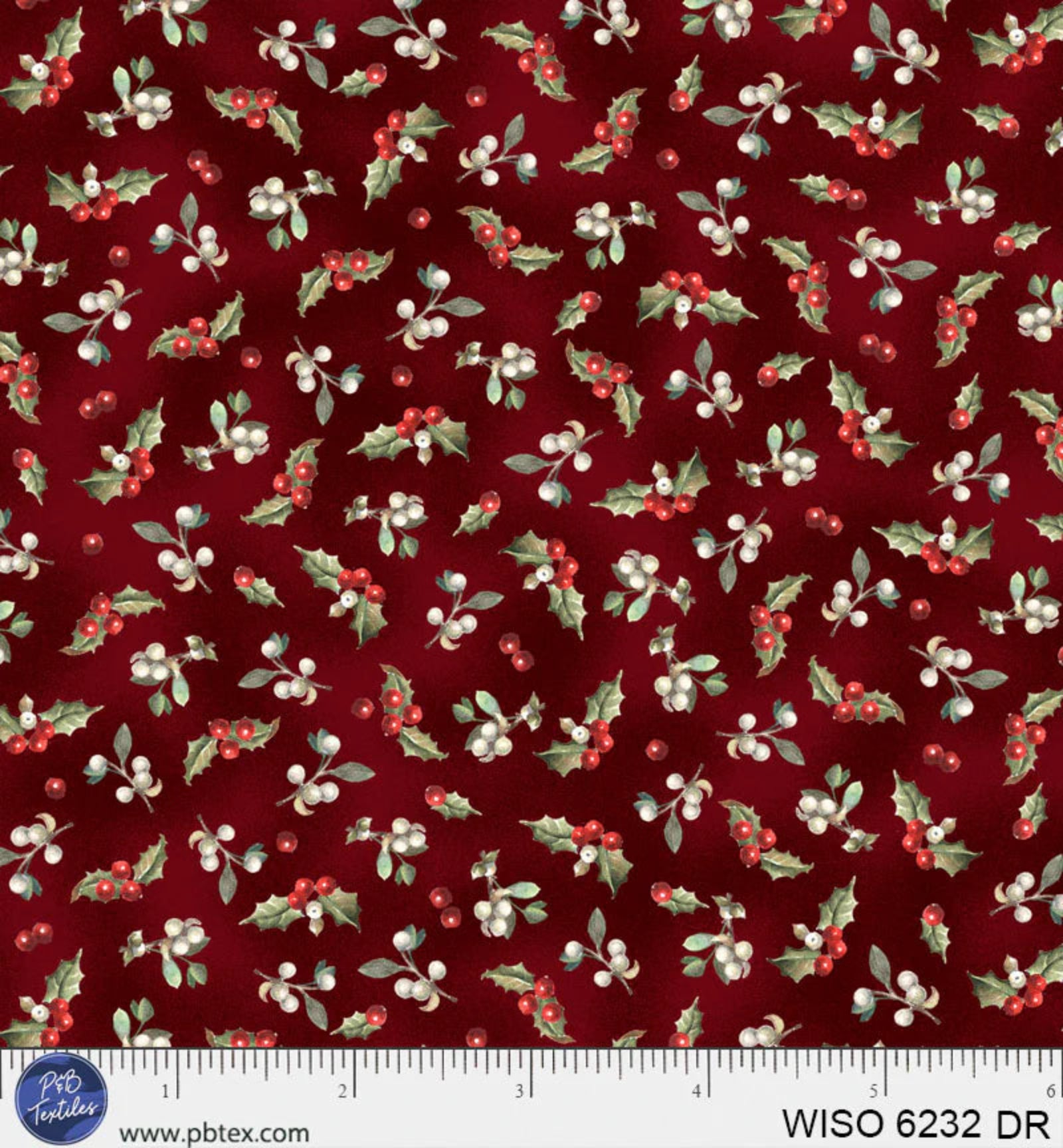 A close-up of a repeating holiday pattern on a deep red fabric background, featuring white berries, green leaves, and small pale blue accents. 