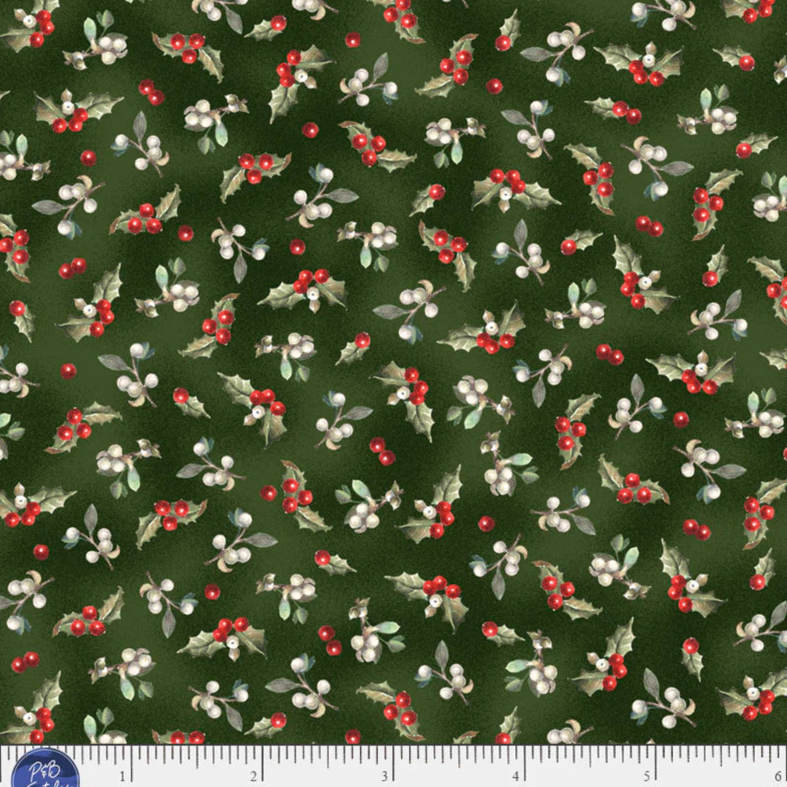 A close-up of fabric with a repeating holly and berry pattern on a dark green background. The design includes red berries, white berries, and green leaves.