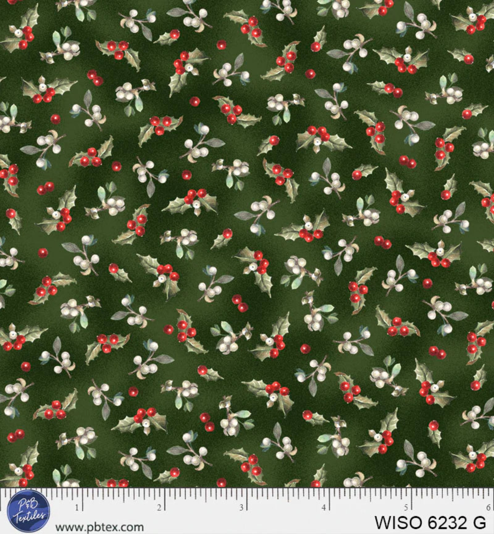 A close-up of fabric with a repeating holly and berry pattern on a dark green background. The design includes red berries, white berries, and green leaves.
